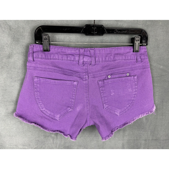 Jolt Micro Mini Denim Shorts Size 5 Purple Low Rise Crocheted Retro Festival - Picture 2 of 11
